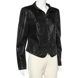 Pre Owned Emporio Armani Black Textured Cotton Zip Front Jacket L