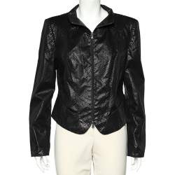 Pre Owned Emporio Armani Black Textured Cotton Zip Front Jacket L