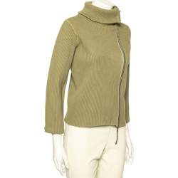 Pre Owned Emporio Armani Olive Green Rib Knit Zip Front Long Sleeve Jacket L
