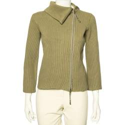 Pre Owned Emporio Armani Olive Green Rib Knit Zip Front Long Sleeve Jacket L