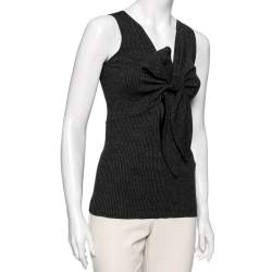 Pre Owned Emporio Armani Grey Wool Knot Detailed Front Sleeveless Top S