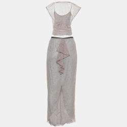 Pre Owned Emporio Armani Dusky Pink Bead Embellished Tulle Top & Midi Skirt Set M