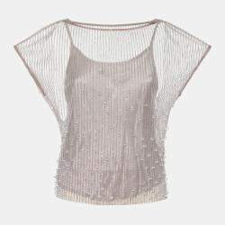 Pre Owned Emporio Armani Dusky Pink Bead Embellished Tulle Top & Midi Skirt Set M