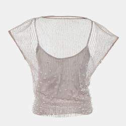 Pre Owned Emporio Armani Dusky Pink Bead Embellished Tulle Top & Midi Skirt Set M