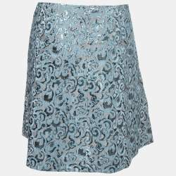 Pre Owned Emporio Armani Blue Brocade Pleat Detail Short Skirt S