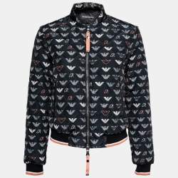 Pre Owned Emporio Armani Black Logo Printed Quilted Synthetic Bomber Jacket S