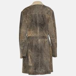 Pre Owned Emporio Armani Vintage Cream & Brown Embossed Leather Shearling Lined Coat XL