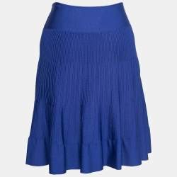 Pre Owned Emporio Armani Blue Knit Pleated Flared Mini Skirt L