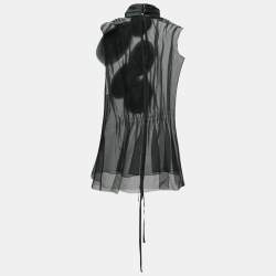 Pre Owned Emporio Armani Black Tulle Floral Appliqued Gathered Waist Top M