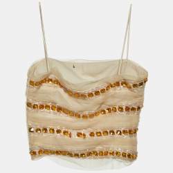 Pre Owned Emporio Armani Beige Mesh Embellished Crop Top M