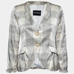 Pre Owned Emporio Armani Beige Checked Satin Silk Single Breasted Blazer M