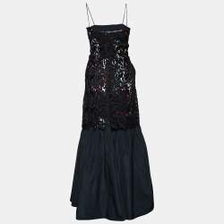 Emporio Armani Black Printed Satin & Lace Overlay Maxi Dress M