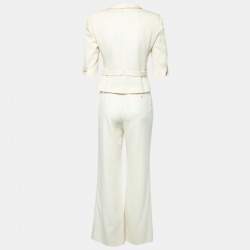 Pre Owned Emporio Armani Cream Textured Crepe Single Breasted Cropped Blazer & Pant Suit S