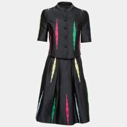 Pre Owned Emporio Armani Navy Blue Contrast Jacquard Patterned Jacket & Pleated Skirt Set S