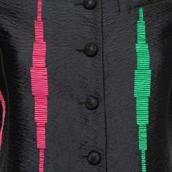 Pre Owned Emporio Armani Navy Blue Contrast Jacquard Patterned Jacket & Pleated Skirt Set S