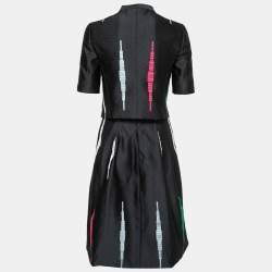 Pre Owned Emporio Armani Navy Blue Contrast Jacquard Patterned Jacket & Pleated Skirt Set S