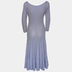 Pre Owned فستان امبوريو أرماني أكمام طويلة وياقة سابرينا تريكو مضلع ومخطط وردي وأبيض M