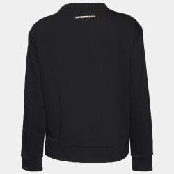 Pre Owned Emporio Armani Black Cotton Knit LogoTrim Detail Round Neck Sweater S
