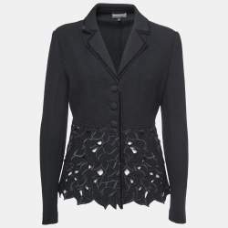 Emporio Armani Black Wool Laser Cut Floral Detail Blazer M