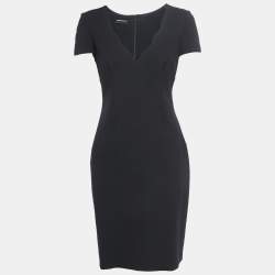 Pre Owned Emporio Armani Black Knit Leaf Neck Short Sleeve Shift Dress M