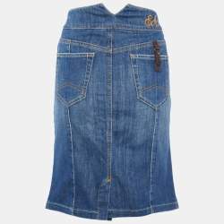 Pre Owned Emporio Armani Blue Denim Zip Front Knee Length Skirt L