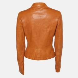 Pre Owned Emporio Armani Brown Leather Zip Front Jacket S