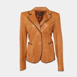 Pre Owned Emporio Armani Brown Leather Chain Detailed Blazer L