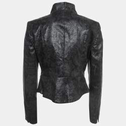 Pre Owned Emporio Armani Black Embossed Faux Leather Zip Front Jacket M