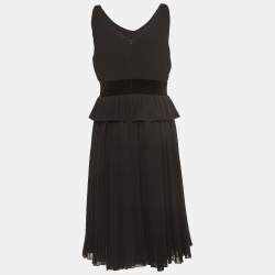 Emporio Armani Black Velvet Trim Crepe Pleated Midi Dress M