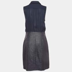 Pre Owned Emporio Armani Navy Blue Chiffon and Canvas Buttoned Sleeveless Dress M