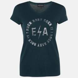 Pre Owned Emporio Armani Green Logo Print Cotton Crew Neck T-Shirt M