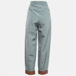 Pre Owned Emporio Armani Grey Leather Trim Crepe High Waist Pants M