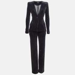 Emporio Armani Navy Blue Stripe Velvet Knit Blazer and Pants Suit M