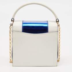 Pre Owned Emporio Armani White/Metallic Blue Leather Small Chain Top Handle Bag