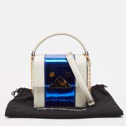 Pre Owned Emporio Armani White/Metallic Blue Leather Small Chain Top Handle Bag