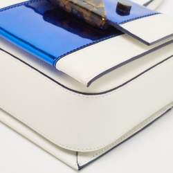 Pre Owned Emporio Armani White/Metallic Blue Leather Small Chain Top Handle Bag