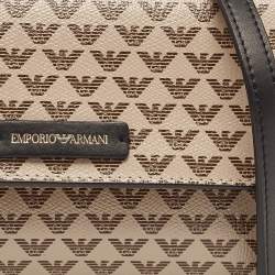 Pre Owned Emporio Armani Beige/Black Logo Print Leather Flap Chain Clutch
