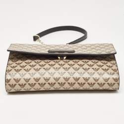 Pre Owned Emporio Armani Beige/Black Logo Print Leather Flap Chain Clutch