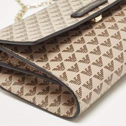 Pre Owned Emporio Armani Beige/Black Logo Print Leather Flap Chain Clutch
