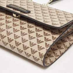 Pre Owned Emporio Armani Beige/Black Logo Print Leather Flap Chain Clutch