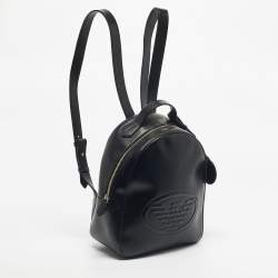 Pre Owned Emporio Armani Black Faux Leather Small Logo Backpack