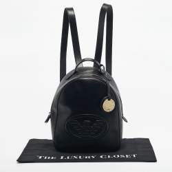 Pre Owned Emporio Armani Black Faux Leather Small Logo Backpack