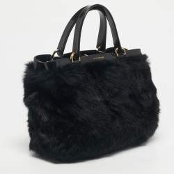 Pre Owned Emporio Armani Black Rabbit Fur and Patent Leather Satchel