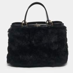Pre Owned Emporio Armani Black Rabbit Fur and Patent Leather Satchel