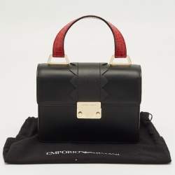 Pre Owned Emporio Armani Black/Red Croc Embossed and Leather Metal Flap Top Handle Bag