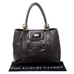 Pre Owned Emporio Armani Olive Green Croc Embossed Leather Front Pocket Tote