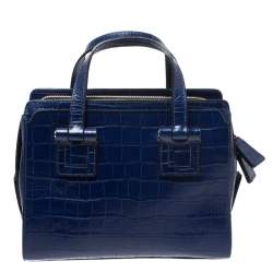 Pre Owned Emporio Armani Blue Croc Embossed Leather Satchel 