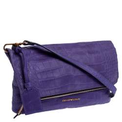 Pre Owned Emporio Armani Purple Croc Emboseed Leather Fold Over Shoulder Bag
