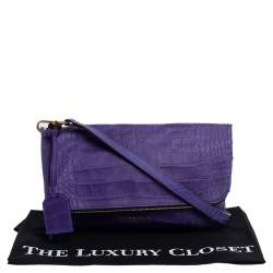 Pre Owned Emporio Armani Purple Croc Emboseed Leather Fold Over Shoulder Bag