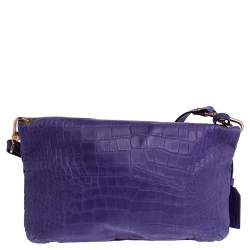 Pre Owned Emporio Armani Purple Croc Emboseed Leather Fold Over Shoulder Bag